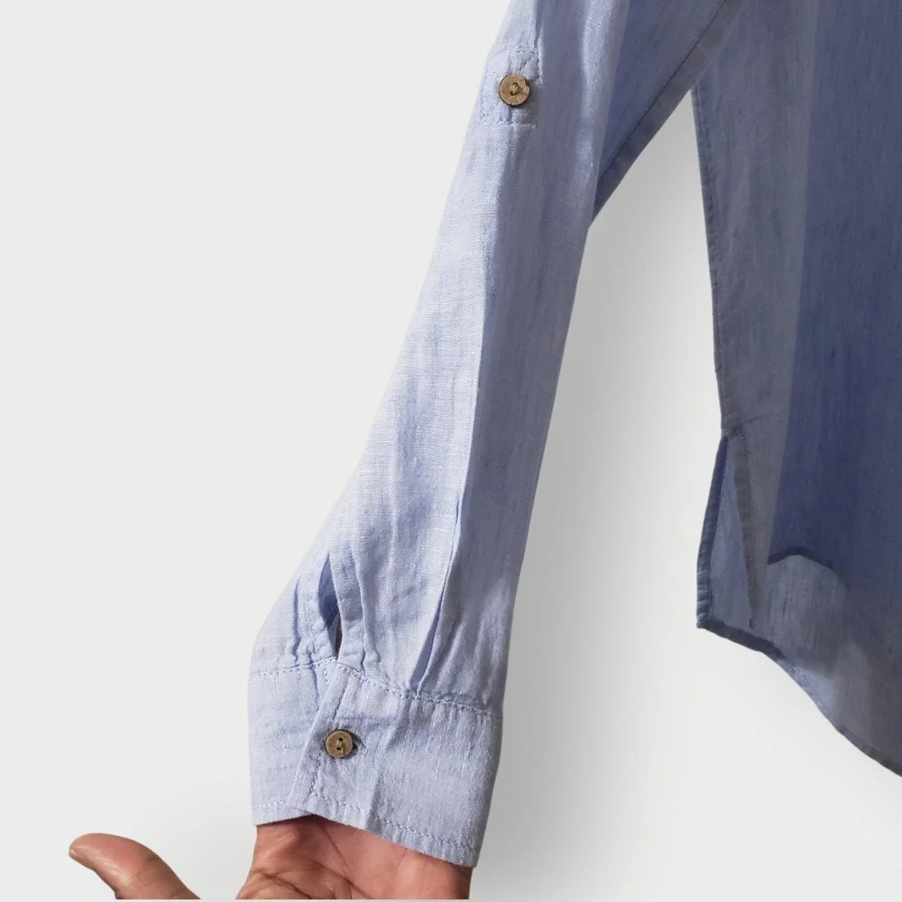 Sigrid Olsen Womens Blue 100% Linen Henley Tunic Shirt Roll Tab Sleeve Small - Picture 4 of 11